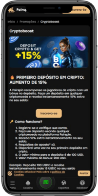 Captura de tela da página de bônus de criptomoedas da Fairspin no celular
