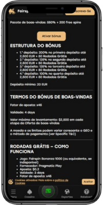 Captura de tela da página de bônus do Fairspin em um dispositivo móvel