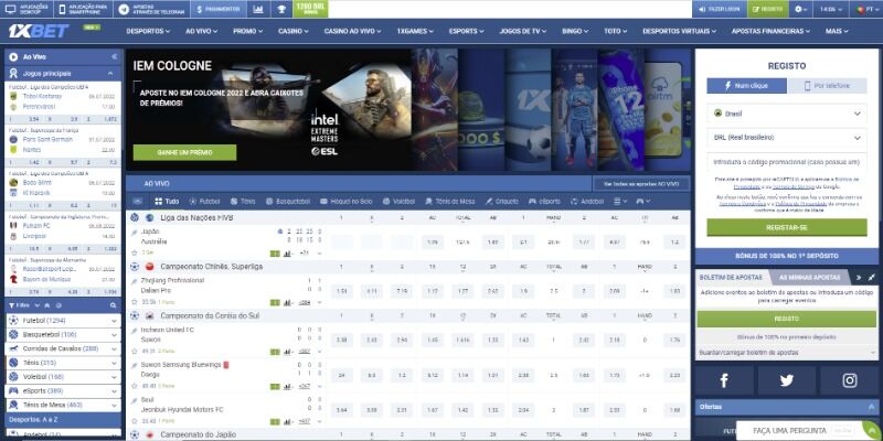 Captura de ecrã das páginas de desporto da casa de apostas 1xBet