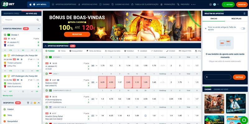 Captura de ecrã das páginas de desporto da casa de apostas 20Bet