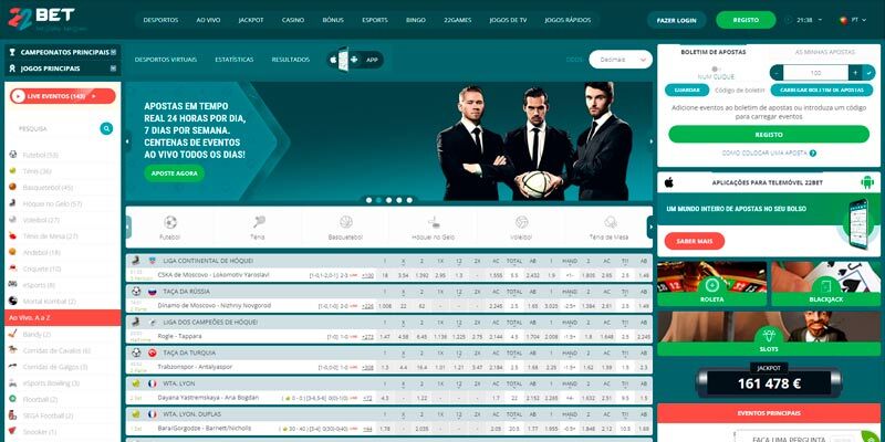 Captura de ecrã das páginas de desporto da casa de apostas 22Bet