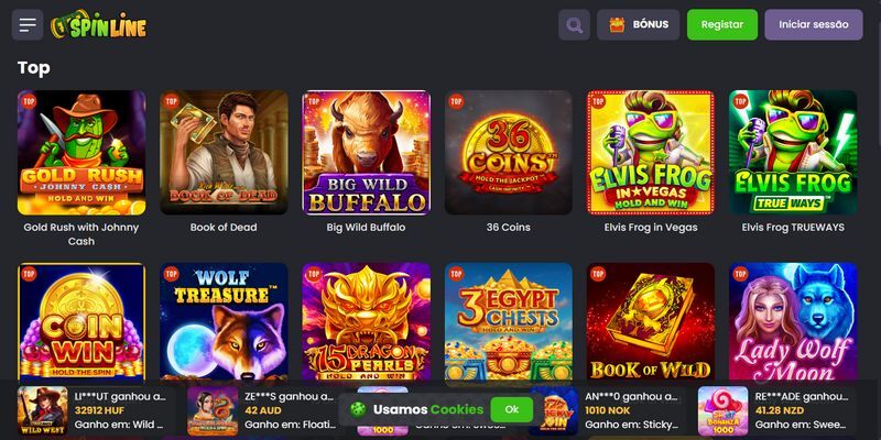 Captura de ecrã da página com slots de casino Spinline