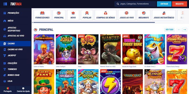 Captura de ecrã da página com slots de casino Tikitaka