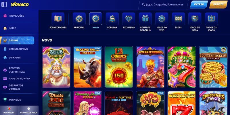 Captura de ecrã da página com slots de casino Wonaco