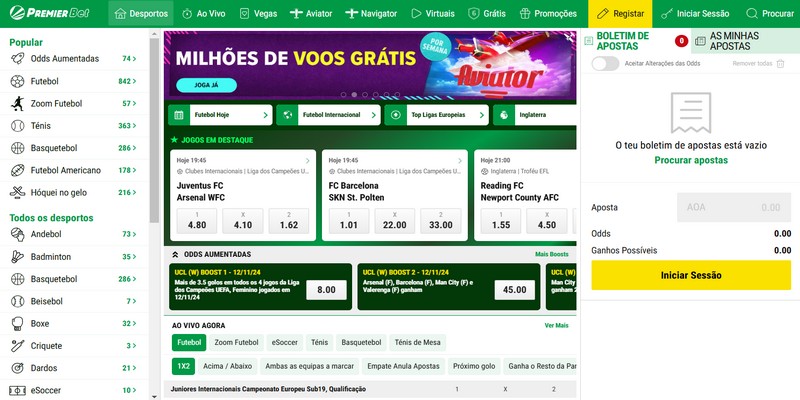 Captura de ecrã da página desportiva da PremierBet