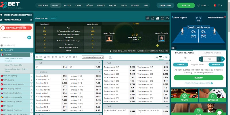 Captura de tela da página de esportes da 22Bet