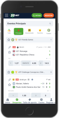 Captura de ecrã móvel da página de desporto da 20Bet