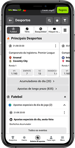 Captura de ecrã móvel da página de desporto da WinWin