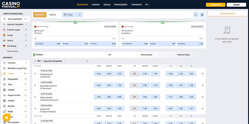 Captura de ecrã da página de desporto do Casino Portugal