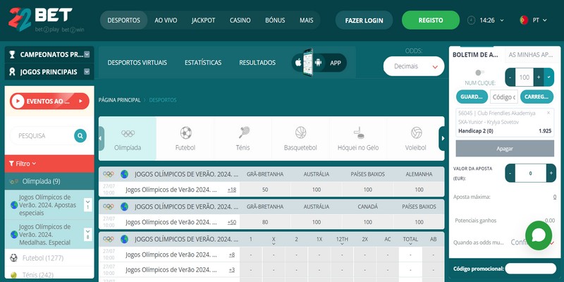 Captura de ecrã de uma página de desporto com os Jogos Olímpicos 22Bet