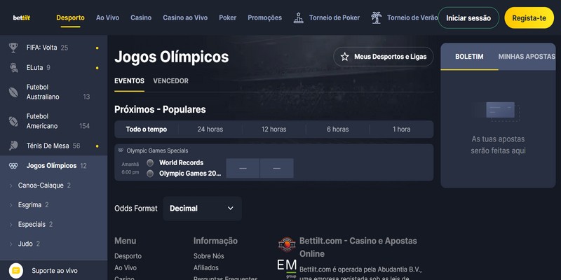 Captura de ecrã de uma página de desporto com os Jogos Olímpicos Bettilt