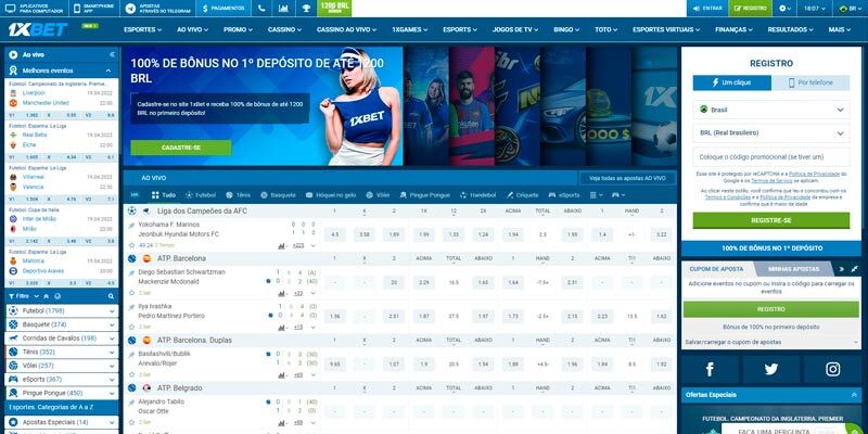 Captura de ecrã da página desportiva da 1xBet