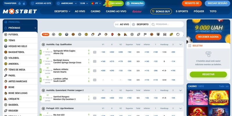 Captura de ecrã da página de desporto da casa de apostas - Mostbet