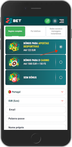 Captura de ecrã do passo 1 para obter um bónus de boas-vindas na 22bet Portugal