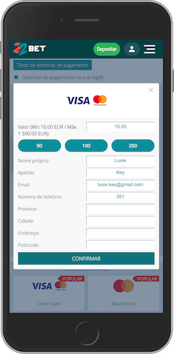 Captura de ecrã do passo 3 para obter um bónus de boas-vindas na 22bet Portugal