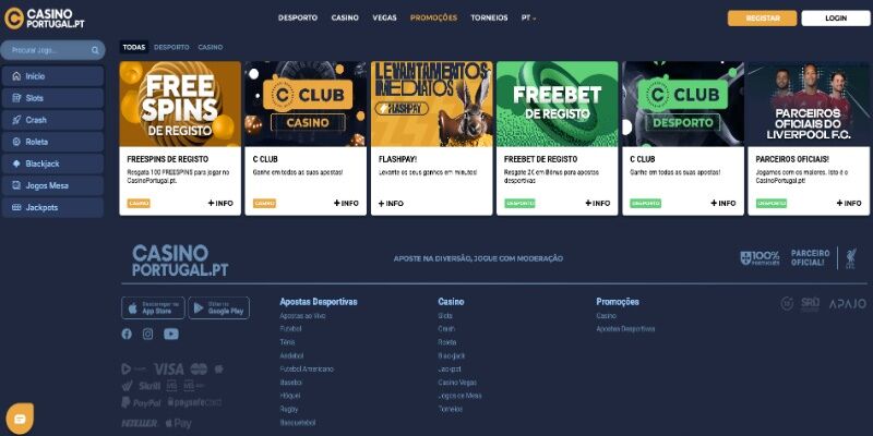 Captura de ecrã da página promocional Casino Portugal
