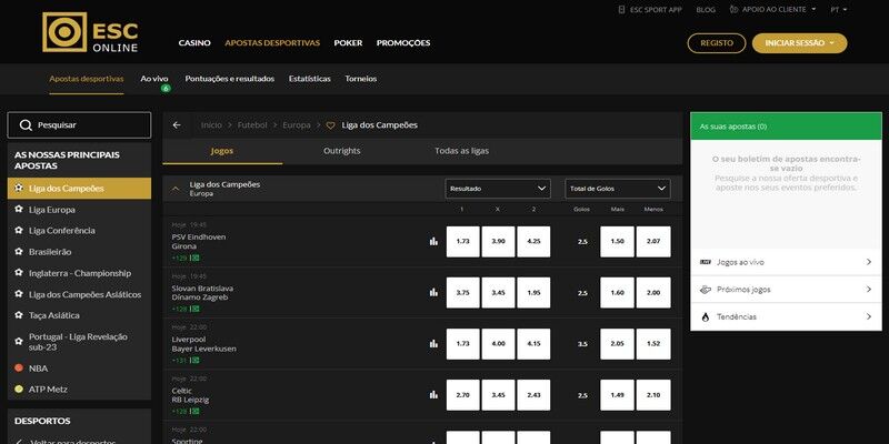 Captura de ecrã da página de desporto da casa de apostas ESC Online