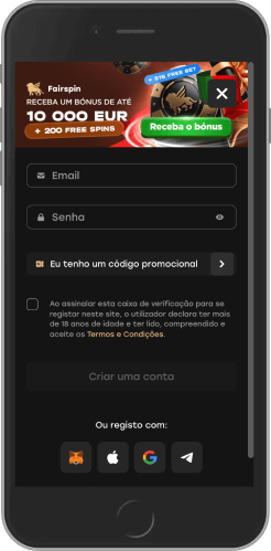 Captura de tela móvel da página de registro da Fairspin