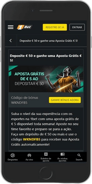 Captura de tela da página de bônus – Aposta grátis de 5€ ao depositar 50€ na 1Bet