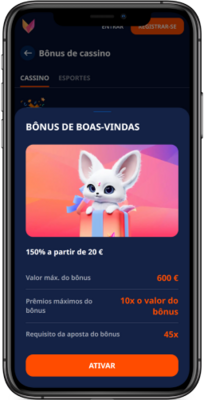 Captura de ecrã da versão móvel para o bónus de seu primeiro depósito