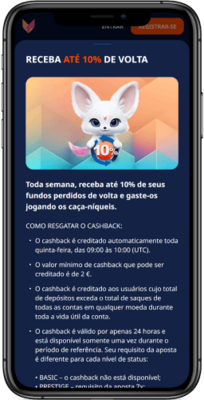 Captura de ecrã da versão móvel para o bónus de cashback de ate 10%