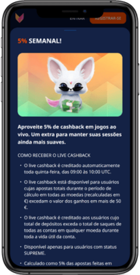 Captura de ecrã da versão móvel para o bónus de cashback ao vivo semanal de 5%