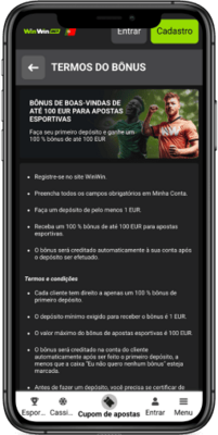 Captura de ecrã da página de promoção Bónus de boas-vindas até 100 € para apostas desportivas
