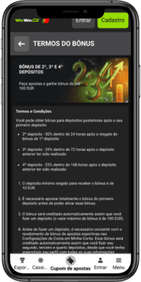Captura de ecrã da página de promoção Bónus de 2.º, 3.º e 4.º depósitos