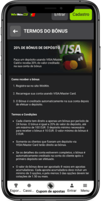 Captura de ecrã da página de promoção Bónus de depósito de 20%