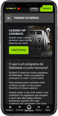 Captura de ecrã da página de promoção Cashback VIP do casino