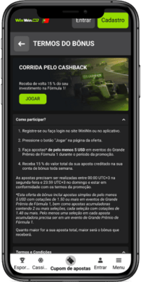 Captura de ecrã da página de promoção Corrida de cashback