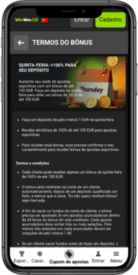 Captura de ecrã da página de promoção Quinta-feira: +100% no seu depósito