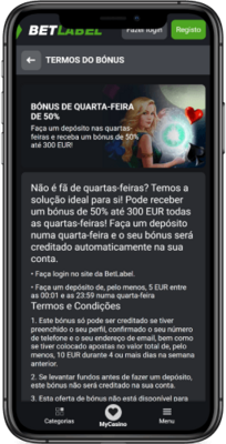 Captura de ecra do bonus de bonus de 50% as quarta-feiras