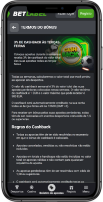 Captura de ecra do bonus por de reembolso as terças-feiras