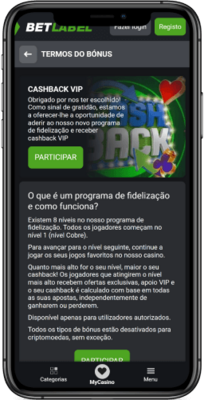 Captura de ecra do bonus de Cashback VIP