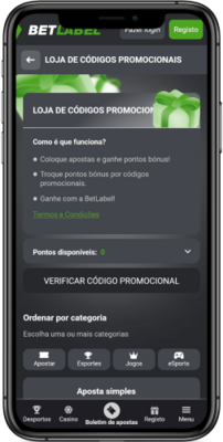 Captura de ecra do loja de codigos promocionais da Betlabel