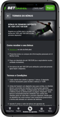 Captura de ecra do bonus de bonus de primeiro deposito da BetLabel