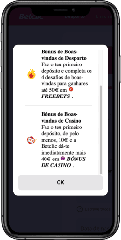 Captura de ecrã do bónus da casa de apostas Betclic