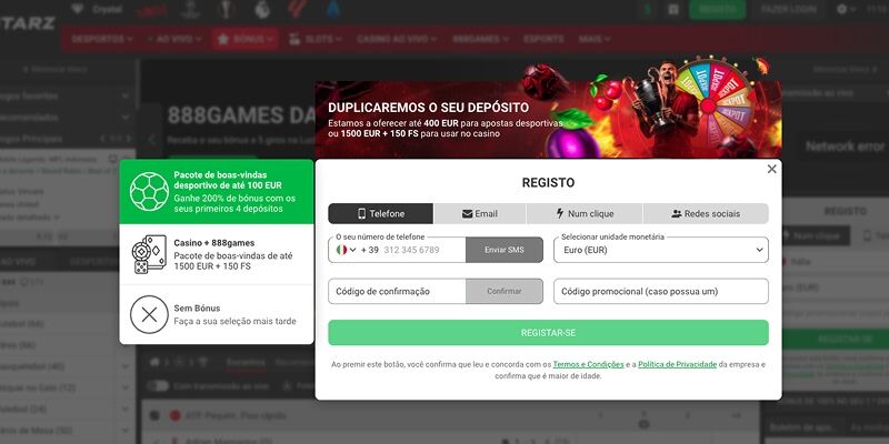 Formulário de registo do 888Starz com campos para telefone, email, palavra-passe e código promocional, apresentado sobre fundo com promoções de casino visíveis.