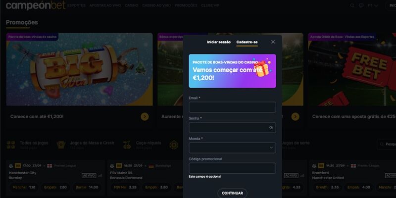 Formulário de registo do Campeonbet com pacote de boas-vindas do casino destacado, apresentando campos para email, senha, moeda e código promocional.