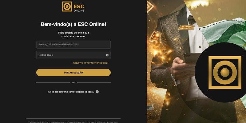 Página de login da ESC Online com campos para email e palavra-passe, apresentada sobre fundo elegante com logótipo dourado em destaque.