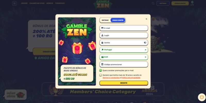 Formulário de registo do Gamblezen com design colorido e tema de presentes, apresentando pacote de bónus de boas-vindas de 500% até 5.000R$ e campos para dados pessoais incluindo país (Portugal).