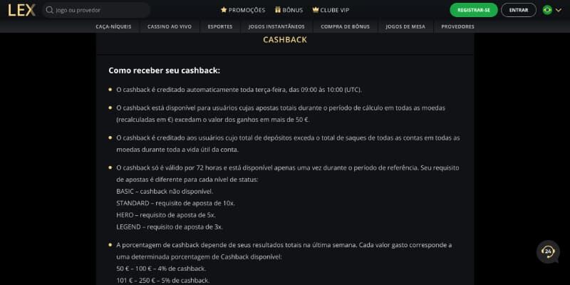 Captura de ecrã do bónus de cashback do LEX Casino