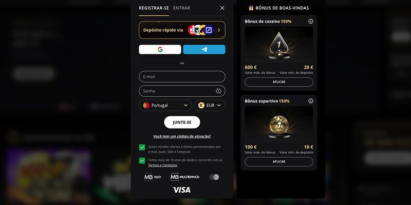 Interface de registo do Lex Casino com opção de depósito rápido via MB Way, campos para email e senha, e promoções de bónus de boas-vindas para casino e desporto visíveis.