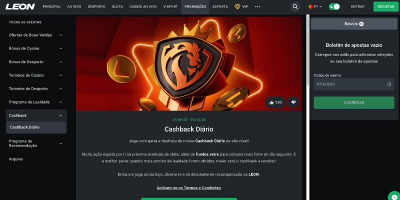 Captura de ecrã do bónus de cashback do Leon Casino