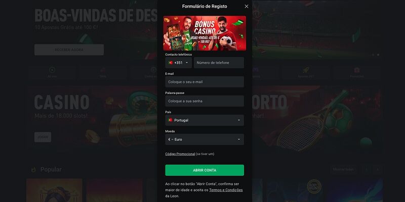 Formulário de registo do Leon Casino com banner promocional de bónus natalício, incluindo campos para telefone, email, palavra-passe e seleção de país (Portugal) e moeda.