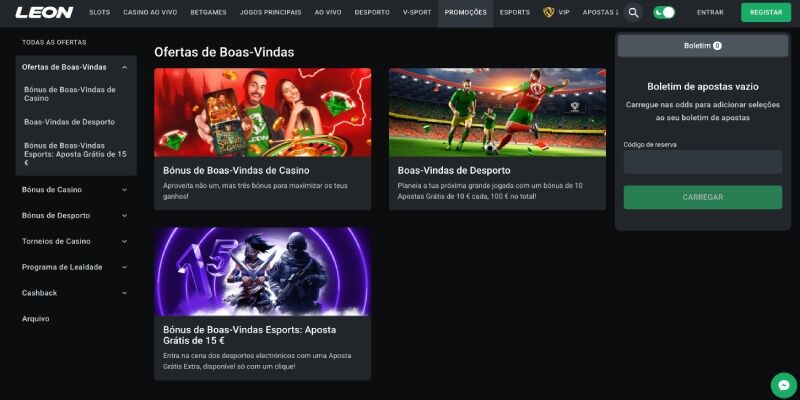 Ecrã promocional do casino Leon