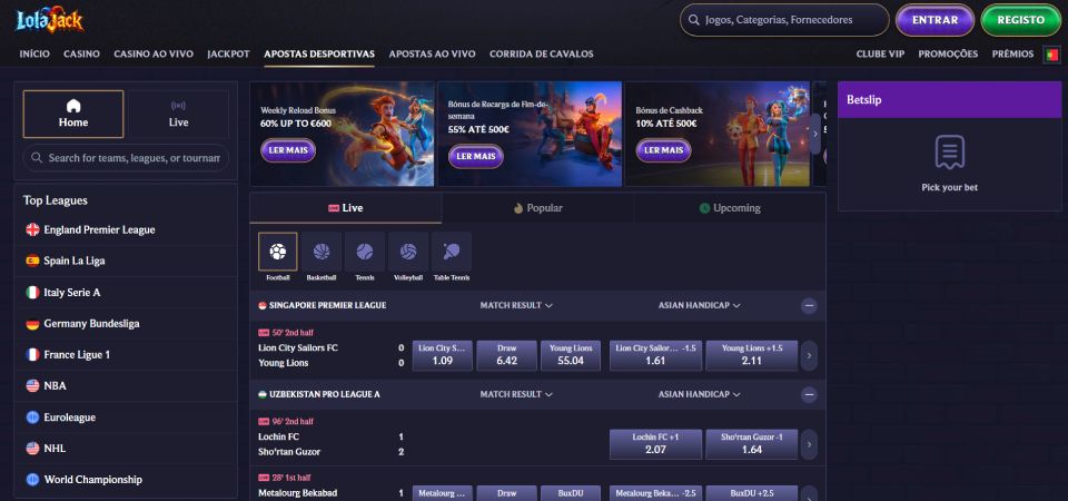 Captura de ecrã da página desportiva lolajack