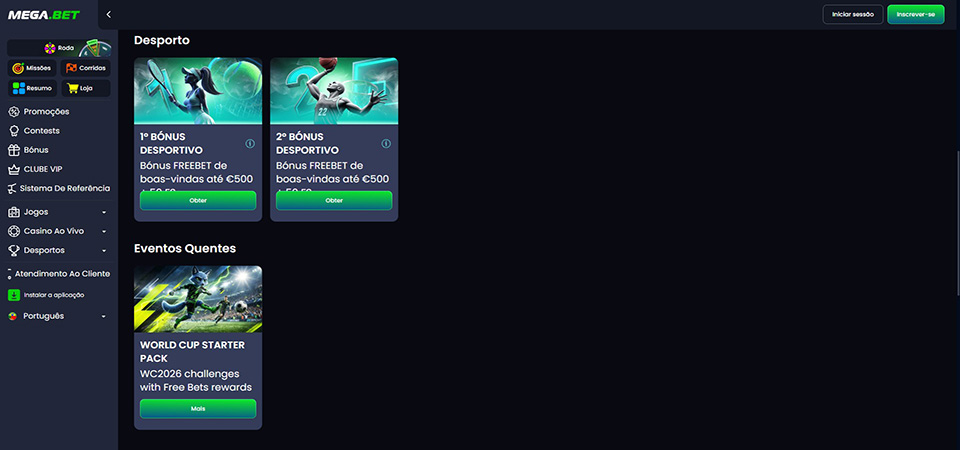 Captura de ecrã da página promocional da Mega.bet