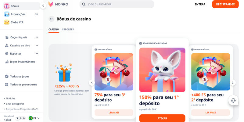 Monro Casino Pacote de Bónus de Boas Vindas captura de ecrã